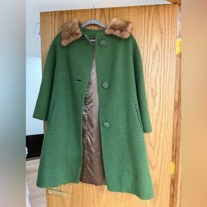 Green Wool Coat with Faux Fur Collar